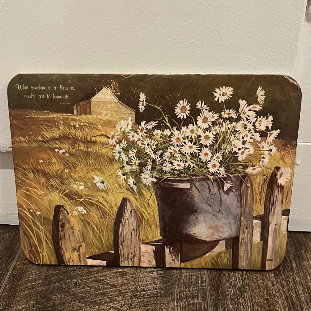 ▫️Vintage Floral “Hot Plaque” with Daisies and Rustic Country Scene